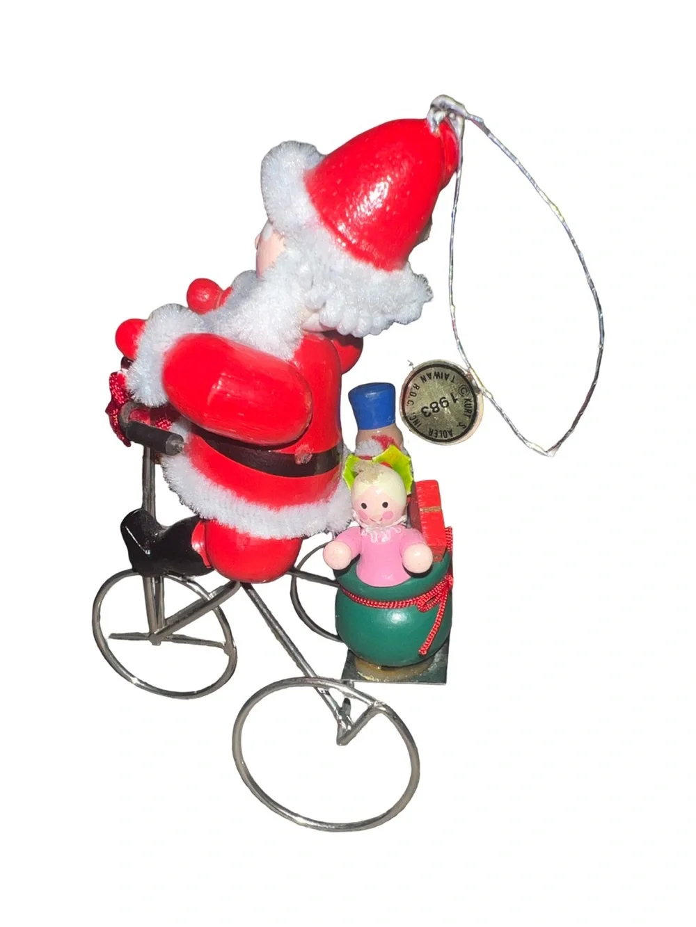Vtg 1983 Kurt Adler Santa Claus Riding Bicycle Wooden Christmas Ornament